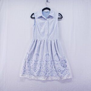 SANDRA DARREN Mini Dress Women's Sz 6 White Baby Blue Lace Preppy Cottagecore